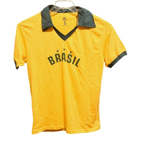 Brazil Lega Retro Star 10 Men's Polo Shirt Sz L Short Sleeve Cotton Yellow Green - Picture 1 of 7